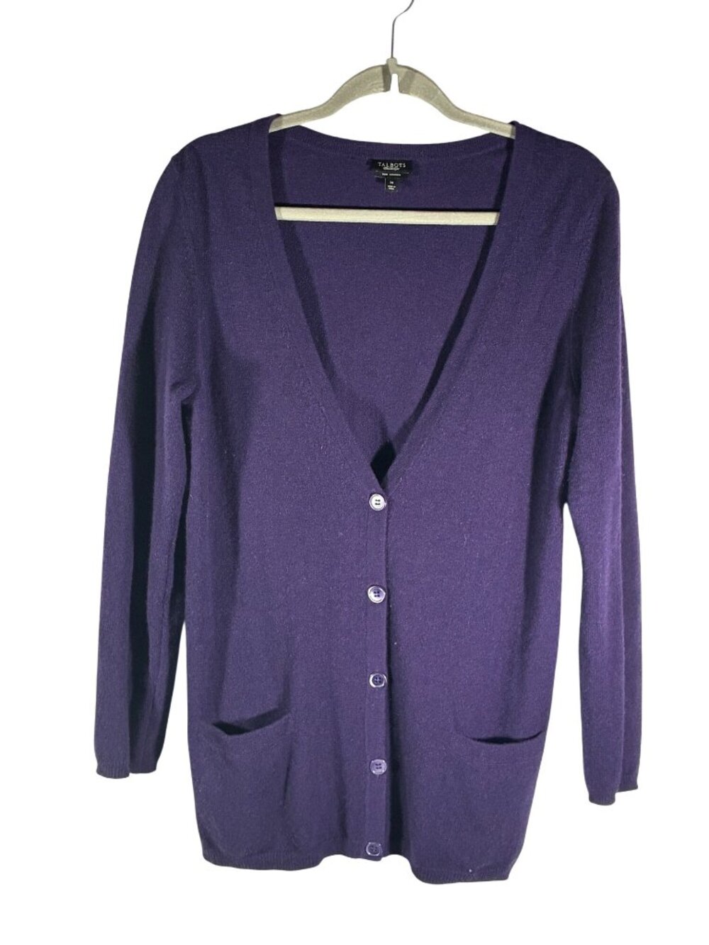 Talbots Purple Cashmere long line Cardigan Sweater size Medium Button Front Long